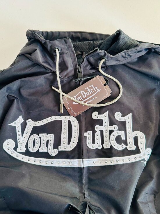 VON DUTCH RHINESTONE STUDDED FULL ZIP HOODED WINDBREAKER LIGHT JACKET BLACK XL - Picture 6 of 10